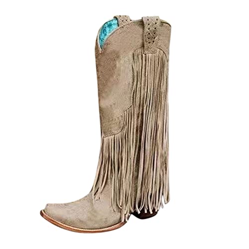 Damen Cowboystiefel mit Trichterabsatz - overknees stiefel damen weiter schaft - bikerboots fransen westernstiefel spitz kniehohe stiefel Vintage reitstiefel rutschfeste Schlupfstiefel von Generic