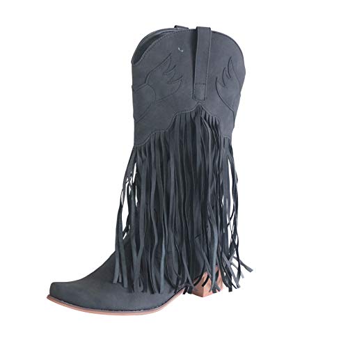 Damen Cowboystiefel mit Trichterabsatz - overknees stiefel damen weiter schaft - bikerboots fransen westernstiefel spitz kniehohe stiefel Vintage reitstiefel rutschfeste Schlupfstiefel von Generic