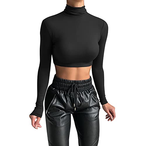 Damen Crop T-Shirt Rollkragen Oberteil Bauchfrei Langarmshirt Pullover Cropped Tops Langarm Shirt Dünnes Einfarbige kurz geschnittene Nabel Hemdbluse mit hohem Halsausschnitt Mädchen (01-Black, S) von Generic
