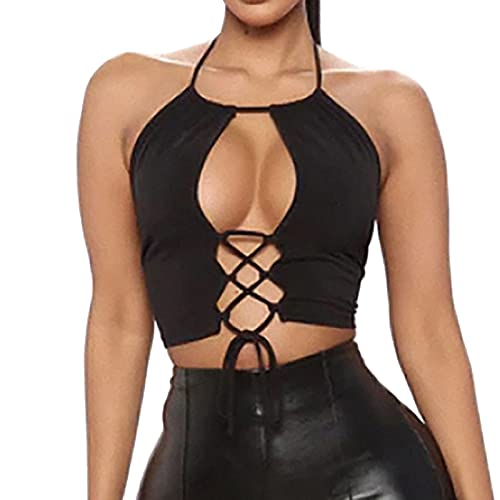 Damen Crop Tank Top V-Ausschnitt Bauchfrei Oberteil Spitzeneinsatz Cropped Camisole Casual Weste Sommer Basic Top Bauchfrei Oberteil Sommertop Croptop Sommershirt von Generic