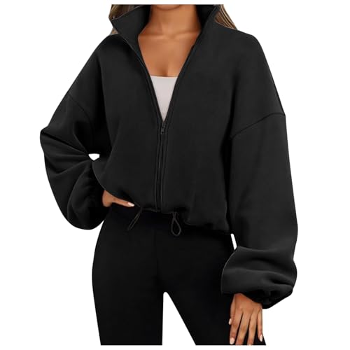 Damen Cropped Hoodie Kurz Sweatjacke mit Kapuze Zip Up Kapuzenjacke Fleece-Innenfutter Kapuzenpullover Reißverschluss Winter Sweatshirt Jacke mit Kordelzug von Generic