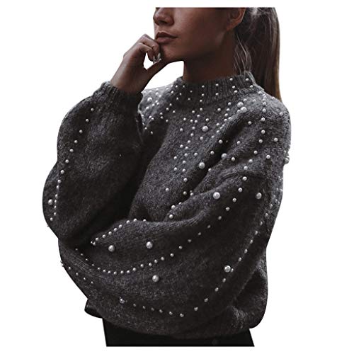 Damen Cropped Pullover Herbst Winter Strickpullover mit Perle Langarm Sweater Pulli Elegant Rundhals Crop Winterpullover Warm Gestrickte Oberteile Strickpulli Jumpers Damenpullover von Generic
