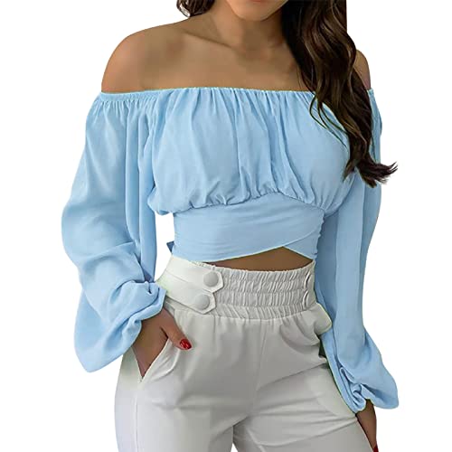 Damen Cute Off Shoulder Langarm Selbstbinden Knoten Crop Top Bluse Bedruckt Top Damen, blau, M von Generic