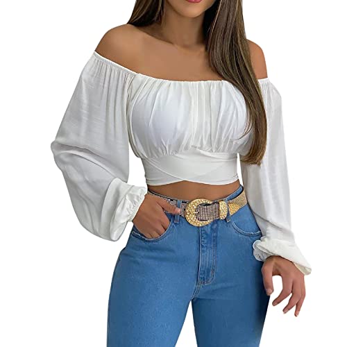 Damen Cute Off Shoulder Langarm Selbstbinden Knoten Crop Top Bluse Bedruckt Top Damen, weiß, Large von Generic
