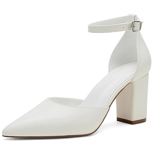 Damen D'Orsay Pumps mit Spitz - 8cm Blockabsatz, Knöchelriemen, Weiße Brautschuhe,Weiß,40 EU von Generic