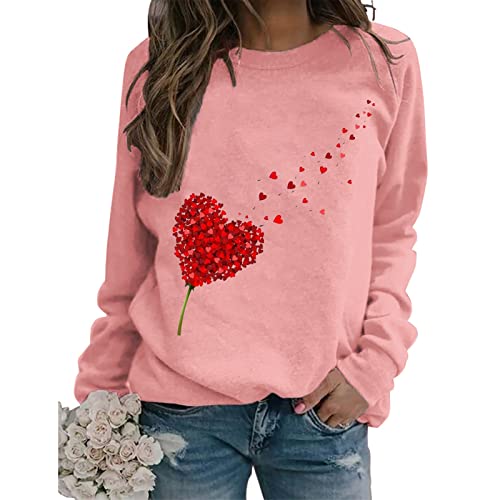 Damen Daily Print O-Ausschnitt Sweatshirt Rundhalsausschnitt Pullover Tops Lässige Langarm-Trainingshemden Lockere Bluse Valentinstag Nicki Hose Damen (Pink, XL) von Generic