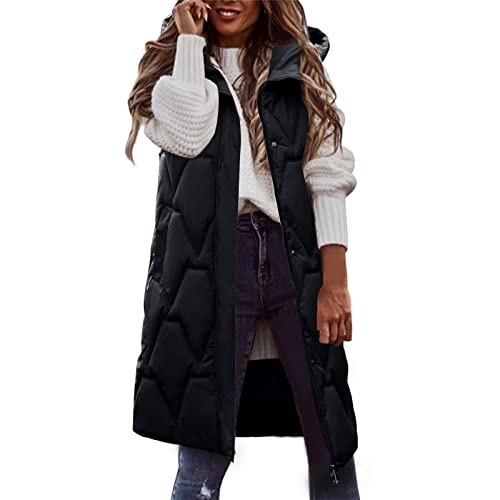 Damen Daunenjacke – Damen langer Wintermantel, Weste mit Kapuze, ohne Ärmel, warm nach unten, Mantel mit Taschen, gesteppt, Daunenweste, gesteppt, Outdoorjacke, Schwarz, 48 von Generic