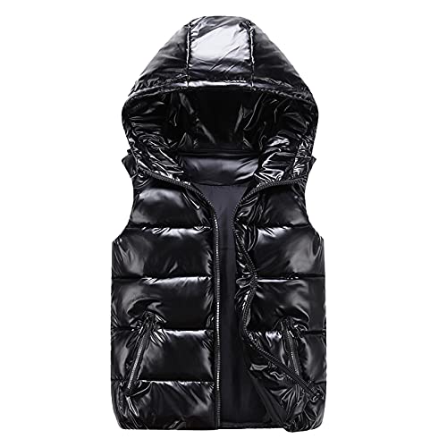 Damen Daunenjacke Schwarz Glänzend Steppweste mit Kapuze Taschen Weste Ärmellose Daunenjacke Winter Warm Ultraleicht Weste Übergang Parka Outdoor Weste Übergangsjacke PU Glänzende Steppweste Metallic von Generic