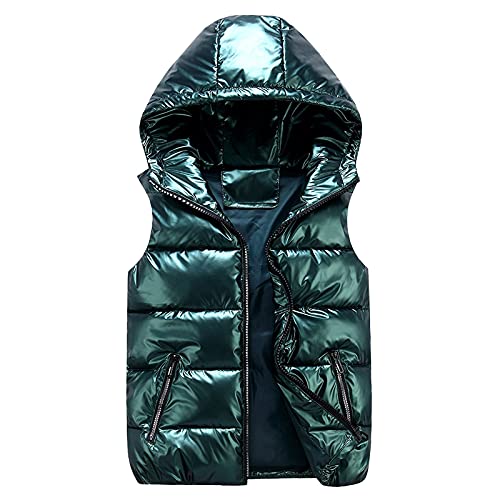 Damen Daunenjacke Schwarz Glänzend Steppweste mit Kapuze Taschen Weste Ärmellose Daunenjacke Winter Warm Ultraleicht Weste Übergang Parka Outdoor Weste Übergangsjacke PU Glänzende Steppweste Metallic von Generic
