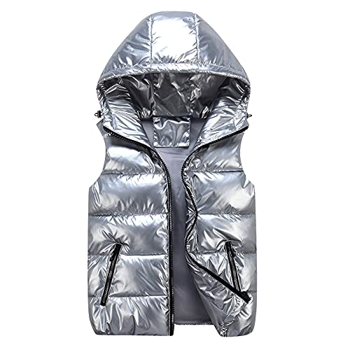 Damen Daunenjacke Schwarz Glänzend Steppweste mit Kapuze Taschen Weste Ärmellose Daunenjacke Winter Warm Ultraleicht Weste Übergang Parka Outdoor Weste Übergangsjacke PU Glänzende Steppweste Metallic von Generic