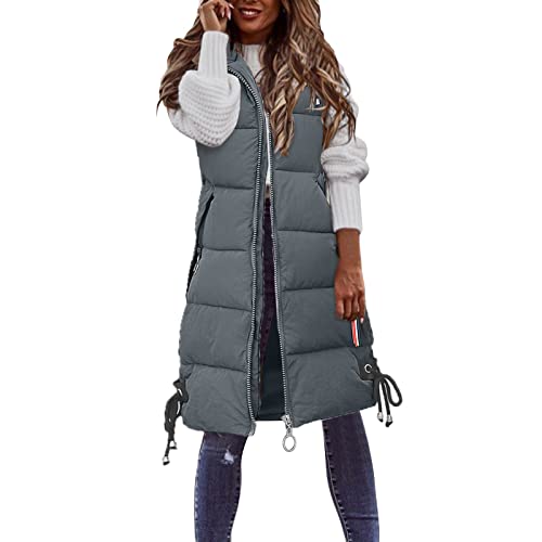 Damen Daunenweste Lang Winterjacke Long Fashion Steppweste Winter Ärmellos Daunenjacke Frauen Reissverschluss Daunen Leicht Lange Outdoor Daunenweste Longweste Wintermantel Mantel (W11-Grey, XL) von Generic