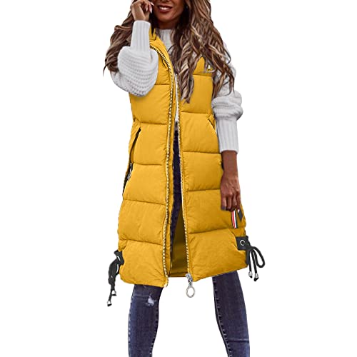 Damen Daunenweste Lang Winterjacke Long Fashion Steppweste Winter Ärmellos Daunenjacke Frauen Reissverschluss Daunen Leicht Lange Outdoor Daunenweste Longweste Wintermantel Mantel (W11-Yellow, XL) von Generic