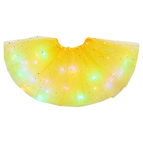 Damen Dehnbar Faltenrock Schulmädchen Skater Tennis Mini Rock Netz-LED-Schichtrock Puffy Lights Ballerina Stars Rockes 3 Damenrock, Gelb, Einheitsgröße von Generic