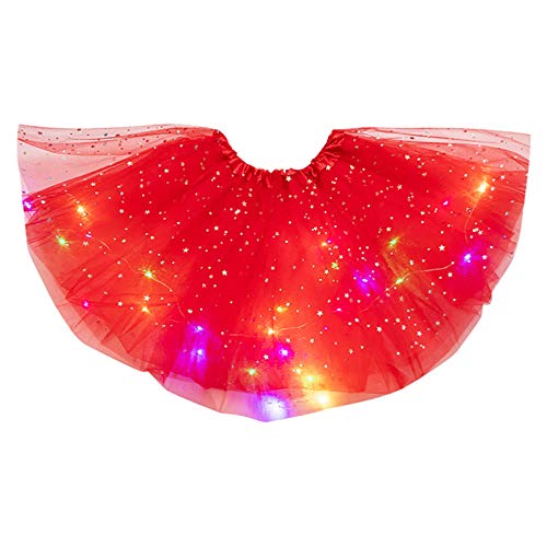 Damen Dehnbar Faltenrock Schulmädchen Skater Tennis Mini Rock Netz-LED-Schichtrock Puffy Lights Ballerina Stars Rockes 3 Damenrock, Rot von Generic