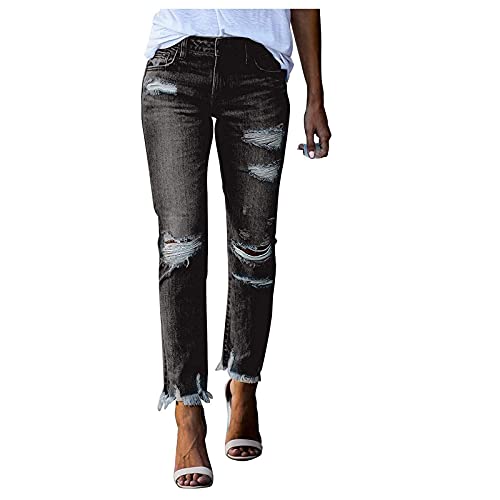 Damen Dehnbare hoch taillierte Boyfriend-Jeans mit geradem Bein und ausgefransten -Denim-Hosen Jeanshosen Für Damen Kurz von Generic