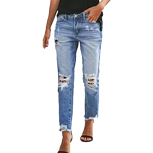 Damen Dehnbare hoch taillierte Boyfriend-Jeans mit geradem Bein und ausgefransten -Denim-Hosen Jeanshosen Für Damen Kurz von Generic