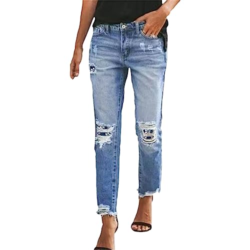 Damen Dehnbare hoch taillierte Boyfriend-Jeans mit geradem Bein und ausgefransten -Denim-Hosen Jeanshosen Für Damen Kurz von Generic