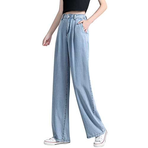 Damen-Denim-Hosen mit weitem Bein Damen-elastische hohe Taillen-dünne Drapierungs-Frühlings- lose gerade Hosen-Jeans-Hose Jeanshosen Damen Schwarz Löcher von Generic