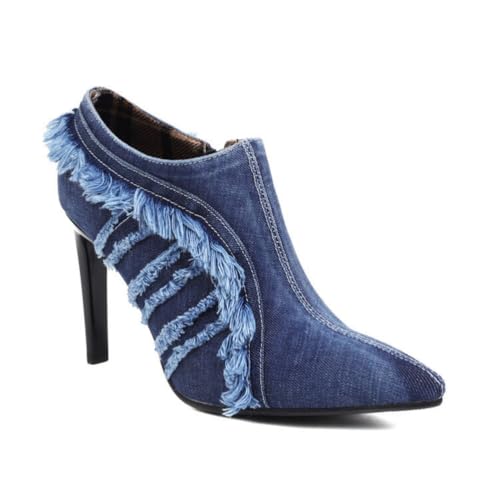 Damen Denim Stiefeletten Mit Fransen Spitze Zehen Kleid Pumps Mit Reißverschluss Hoher Pfennigabsatz Partei Abschlussball Schuhe,Blau,43 EU von SMAALEB