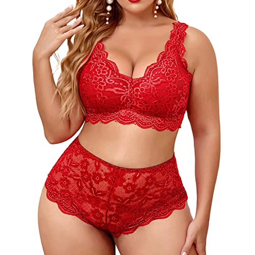 Damen Dessous-Set 2tlg Strapse Spitze Reizwäsche Set Mit Strumpfhalter Erotisch BH Und Höschens Set Erotische Netz Lingerie Set Große Größe Negligee Damen Sexy Set Rot L von Generic