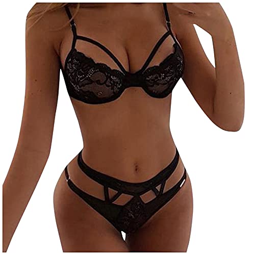 Damen Dessous Sexy Set Reizwäsche Body Suit Babydoll Unterwäsche Damen Spitzen Push Up BH Sets Panties Zweiteiliger Nachtwäsche Lingerie Outfit mit Tanga Unterwäsche BH V Ausschnitt Plus Size Bra von Generic