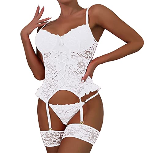 Damen Dessous Sexy Set Unterwäsche BH V Ausschnitt Plus Size Bra Reizwäsche Body Suit Lingerie Outfit mit Tanga Babydoll Unterwäsche Damen Spitzen Push Up BH Sets Panties Zweiteiliger Nachtwäsche von Generic