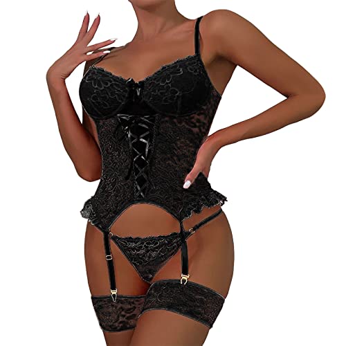 Damen Dessous Sexy Set Unterwäsche BH V Ausschnitt Plus Size Bra Reizwäsche Body Suit Lingerie Outfit mit Tanga Babydoll Unterwäsche Damen Spitzen Push Up BH Sets Panties Zweiteiliger Nachtwäsche von Generic