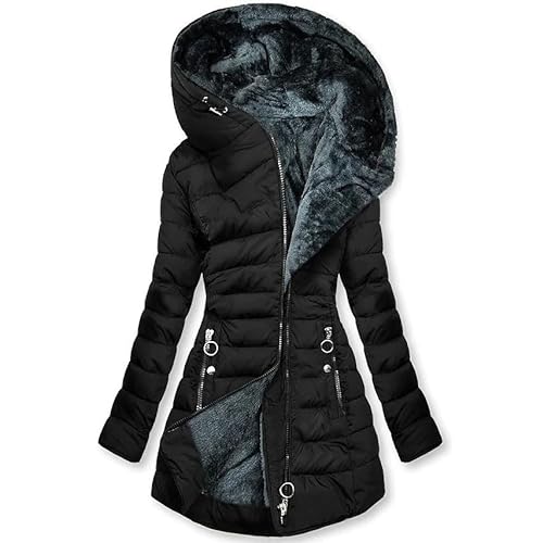 Damen Diffraktive Naht Jacke Winter Warmer Mantel Kapuzenmantel Gepolsterter Baumwollmantel Reißverschluss Langarm Jacke Reißverschlusstasche Plüschfutter Wintermantel 4XL 46 01-Black von Generic