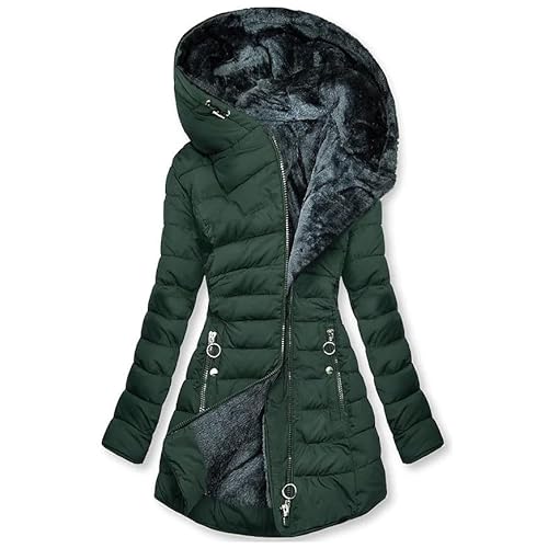 Damen Diffraktive Naht Jacke Winter Warmer Mantel Kapuzenmantel Gepolsterter Baumwollmantel Reißverschluss Langarm Jacke Reißverschlusstasche Plüschfutter Wintermantel L 38 01-Green von Generic