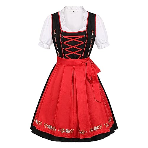 Damen Dirndl Hochgeschlossen Trachtenkleid Midi Dirndlkleid Schwarz Trachten Kleid Rot Schürze Dirndel Trachtenmode Dirndelkleider Dirndl & Dirndl-Sets für Damen Mädchen Oktoberfest von Generic