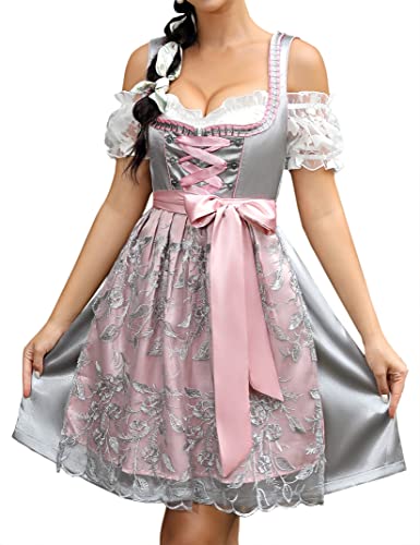 Damen Dirndl Midi Trachtenkleid 3tlg. für Oktoberfest, Karneval, Besondere Anlässe, DREI Teilig: Kleid, Bluse, Schürze Grau 38 von Generic