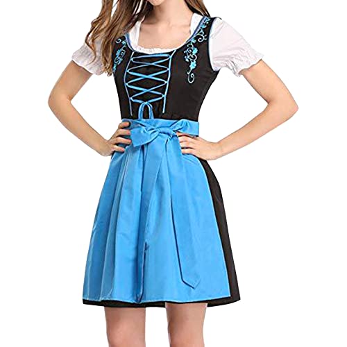 Damen Dirndl Oktoberfest Trachtenkleid Dirndl Kleidung für Oktoberfest 3tlg Kleid, Bluse, Schürze Retro Kleid Halloween Cosplay Kostüm (01-Blue, XL) von Generic