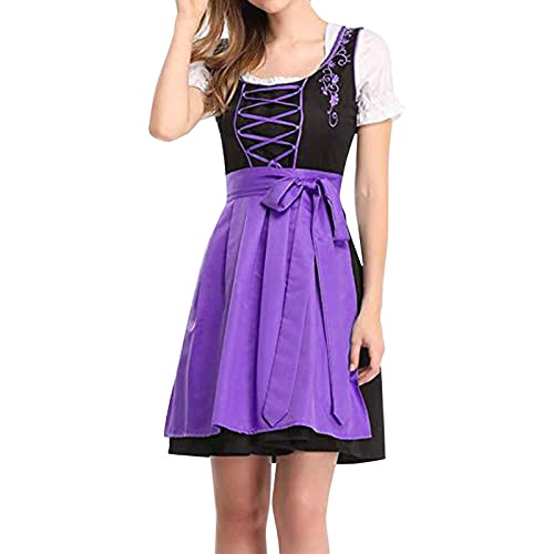 Damen Dirndl Oktoberfest Trachtenkleid Dirndl Kleidung für Oktoberfest 3tlg Kleid, Bluse, Schürze Retro Kleid Halloween Cosplay Kostüm (Purple, XXL) von Generic