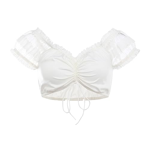 Damen Dirndlbluse Elegante Beige Dirndl Blusen Damen Off Shoulder Sexy Trachtenbluse Dirndlbluse Damen Dirndlbluse für Damen Transparent Kurzarm Spitze Schnüren Bluse Bavarian Oktoberfest von Generic
