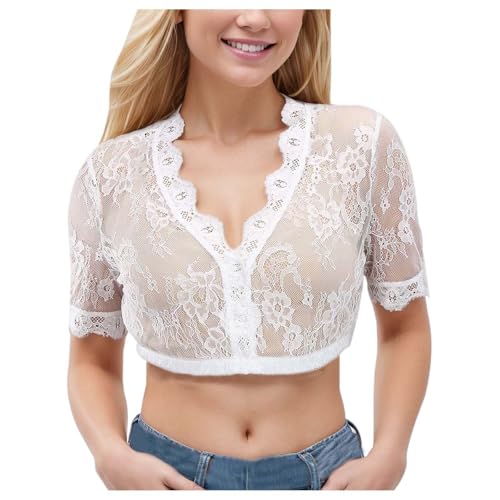 Damen Dirndlbluse Spitze Dirndl Bluse Trachtenbluse Damen Weiß Hochgeschlossen Kurzarm Spitze Tracht Bluse Schwarz Elegante Halbarm Bluse Dirndlblusen Spitzenbluse Damen Elegant Oktoberfest Kostüm von Generic