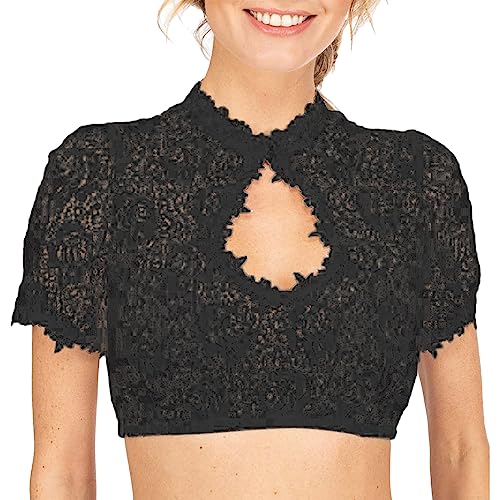 Damen Dirndlbluse Spitze V Ausschnitt Spitze Dirndl Bluse Elegante Schwarz Weiße Halbarm Rundhals Transparent Spitze Trachtenbluse für Oktoberfest Exklusive Kostüm Tracht Bluse S-5XL von Generic