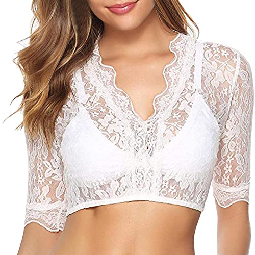 Damen Dirndlbluse Spitze weiß Elegante Kurzarm Stretch Dirndl Bluse Trachtenbluse für Oktoberfest Dirndl Bluse Spitzenweste Spitzenbluse für Oktoberfest (051-White, XXXXXL) von Generic
