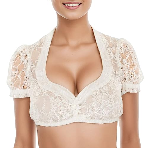 Damen Dirndlbluse Spitze weiß Elegante Kurzarm Stretch Dirndl Bluse Trachtenbluse für Oktoberfest Dirndl Bluse Spitzenweste Spitzenbluse für Oktoberfest (YF-White, S) von Generic