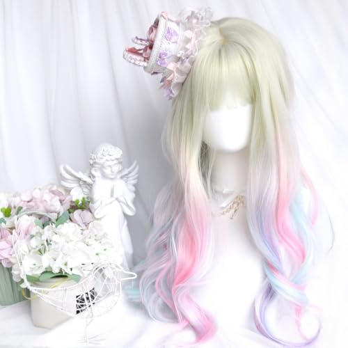 Damen Dreamy Regenbogen Multicolor Lange Gewellte Perücken Halloween Süße Lolita Cosplay Perücke Volles Stirnband Synthetisches Haar von Generic