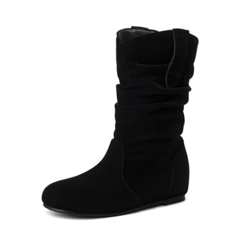 Damen Einstech-Stiefel mit verstecktem Keilabsatz, Bequeme Casual Mittelstiefel aus Kunstleder, Bequeme Schuhe für den Alltag,Black Suede,36 EU von Generic