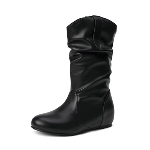 Damen Einstech-Stiefel mit verstecktem Keilabsatz, Bequeme Casual Mittelstiefel aus Kunstleder, Bequeme Schuhe für den Alltag,Black pu,45 EU von Generic
