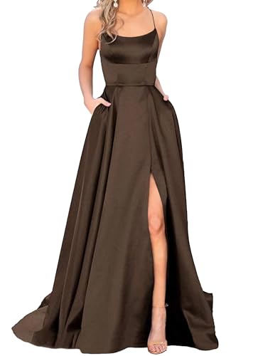 Damen Elegant Ballkleider Satin A-Linie Hochzeitskleid Abendkleider Sexy Neckholder Spaghetti Brautkleid Kleider Mit Taschen Lang Prinzessin Brautjungfer Kleid Weiß XXS von Generic