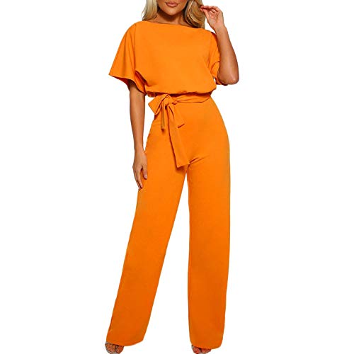 Damen Elegant Jumpsuit O-Ausschnitt Lang Overall Hosenanzug Playsuit Romper (Gelb, XXL) von Generic