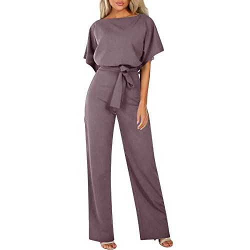 Damen Elegant Jumpsuit O-Ausschnitt Lang Overall Hosenanzug Playsuit Romper mit Gürtel Casual Adjustable Bib Pants von Generic