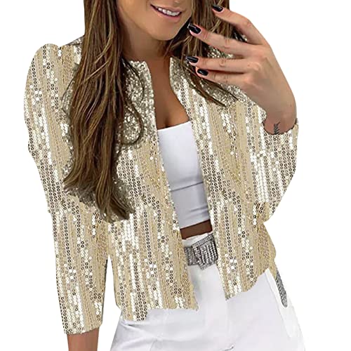 Damen Elegant Langarm Blazer Sakko Einfarbig Slim Fit Pailletten Jacke Kurz Mantel Anzüge Bolero Party Outwear Cardigan Tops (Beige, L) von Generic