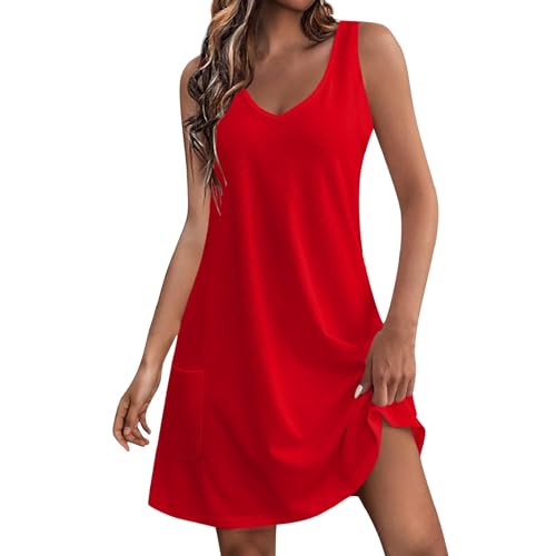 Damen Elegant Leicht und Luftig Lang Lässig Ärmellos V-Ausschnitt Kleid Lockeres Saum Drucken Strandkleid Casual Tunika Freizeitkleid Abendkleider 3XL von Generic