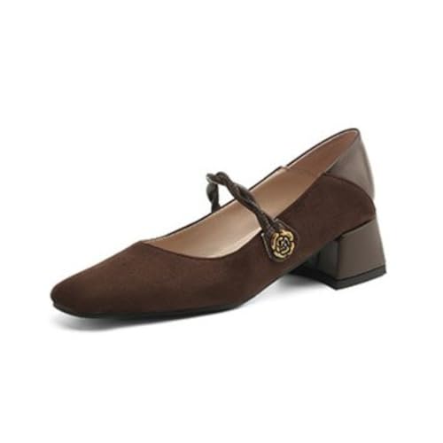 Damen Elegant Mary Jane Flache Schuhe Mit Spezieller Blumenschnalle Aus Metall Quadratisch Geschlossene Zehenpartie Chunky Block Heels Stilvolle Büro Täglich Schuhe,Braun,40 EU von Generic