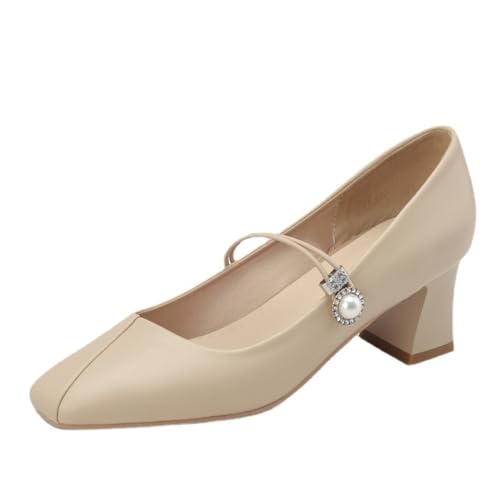 Damen Elegant Mary Jane Pumps Obermaterial Mit Perle Und Strass Verstellbarer Riemen Niedrige Blockabsätze Quadratische Zehenpartie Bequeme Anzugschuhe,Apricot,42 EU von Generic