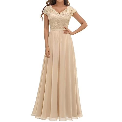 Damen Elegant Maxi Lang Abendkleid V-Ausschnitt Hochzeit Brautjungfernkleider Lang Abendkleid (Beige, XL) von Generic