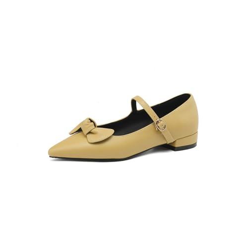 Damen Elegant Schleife Dekor Mary Jane Ballerinas Spitze Zehenpartie Niedrige Blockabsätze Schnallenriemen Stilvoll Täglich Casual Büroschuhe,Gelb,34 EU von Generic
